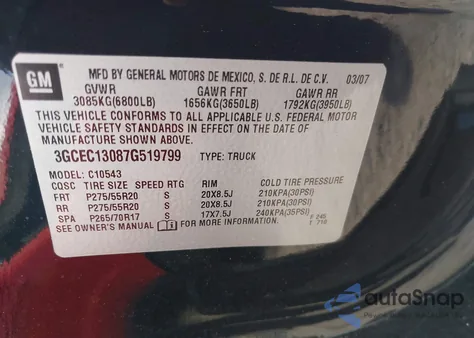 2007 Chevrolet Silverado 1500 Lt2 z USA, uszkodzony, nr VIN 3GCEC13087G519799